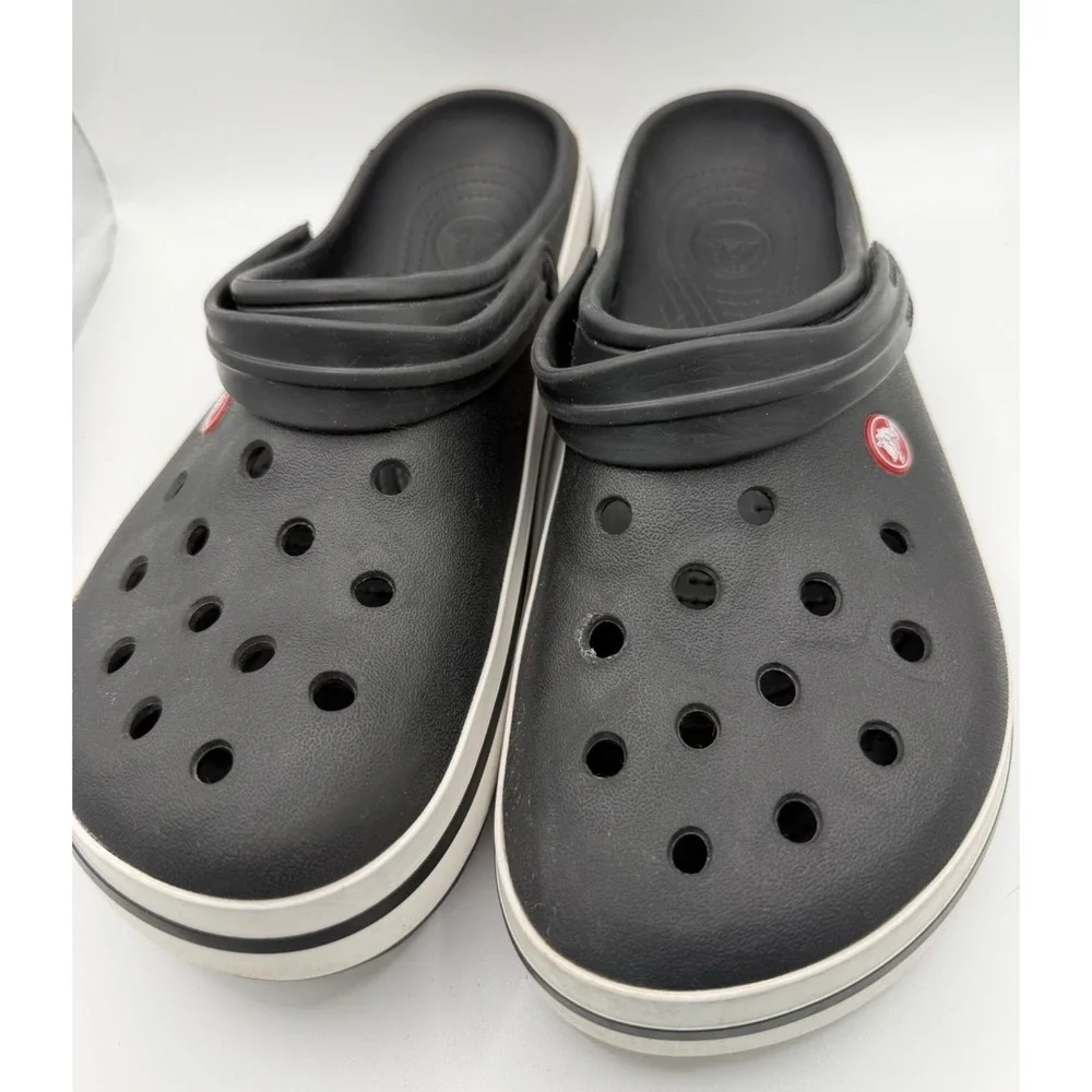 Crocs Crocband Clogs Sandals Men's Size 11  Black/White Retro Racing Stripe Logo